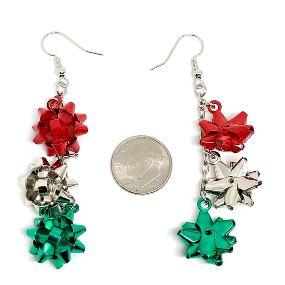 Christmas Star Bows Red Silver Green Triple Bow Cascade Chain Dangle Earrings 3” - Picture 3 of 3